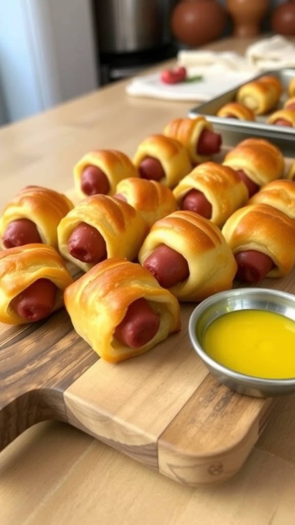 Golden brown pigs in a blanket on a wooden platter with mustard.